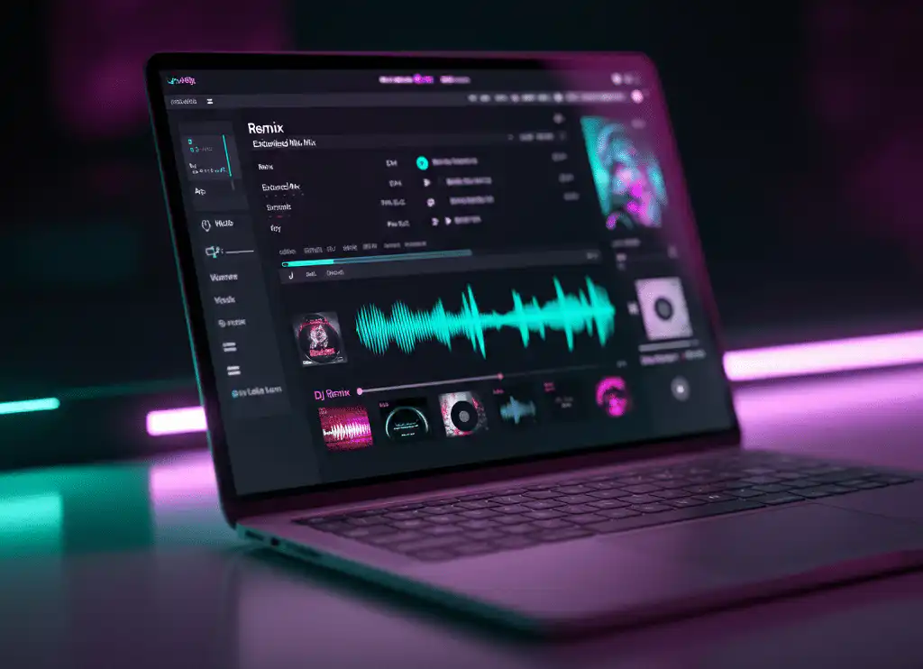 A laptop with DJ music streaming services interface showing remixes, extended mixes, BPM tags, and waveform in neon-lit studio
