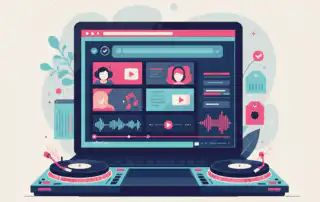 A laptop with DJ turntables showing curated music videos in a media player interface