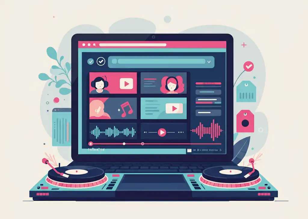 A laptop with DJ turntables showing curated music videos in a media player interface