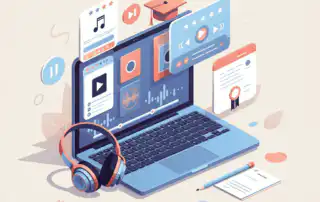 A laptop with a playlist interface, headphones, and a certificate, symbolizing online music curator courses