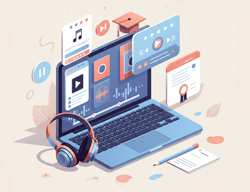 A laptop with a playlist interface, headphones, and a certificate, symbolizing online music curator courses