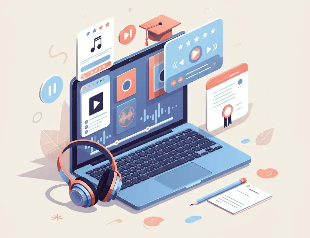 A laptop with a playlist interface, headphones, and a certificate, symbolizing online music curator courses