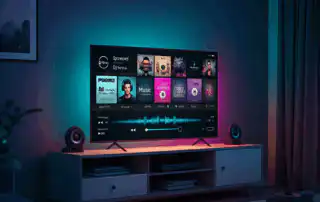 A modern living room with a large smart TV showing ads on streaming services