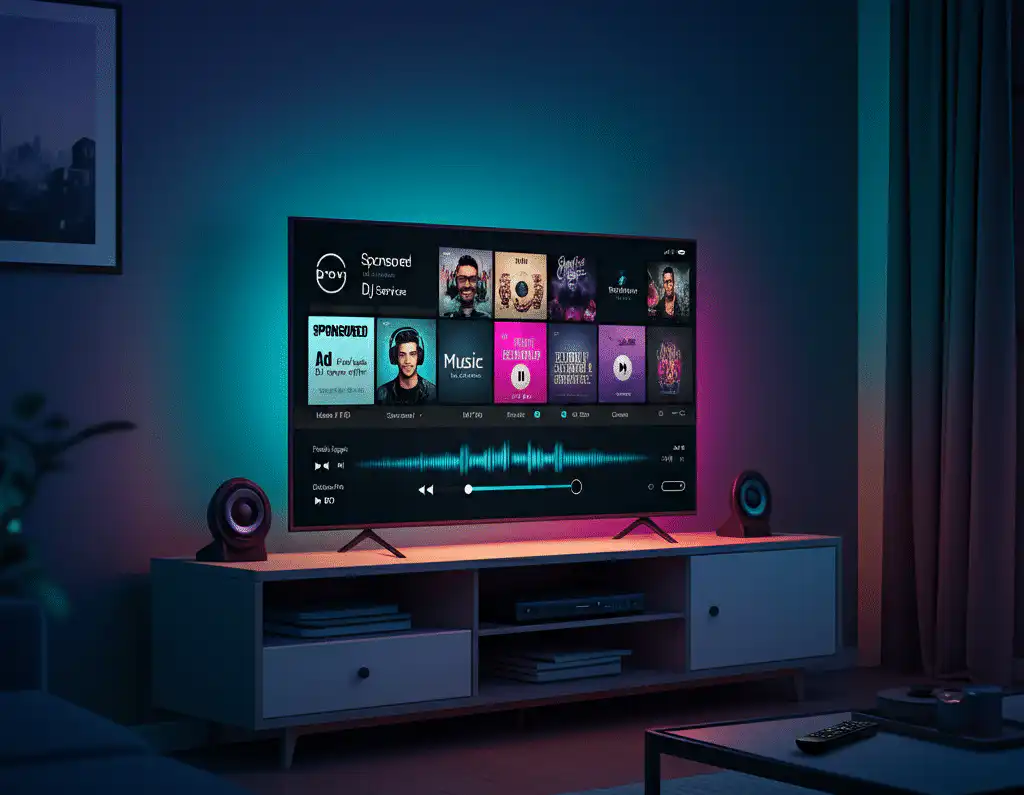 A modern living room with a large smart TV showing ads on streaming services