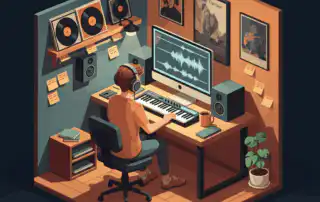 A music curator intern in a cozy home studio, wearing headphones at a wooden desk with a computer showing audio waveforms