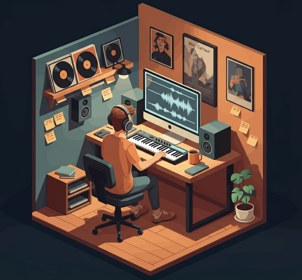 A music curator intern in a cozy home studio, wearing headphones at a wooden desk with a computer showing audio waveforms