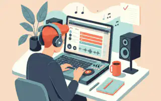 A person building a dj playlist for corporate events on a laptop with a generic music interface