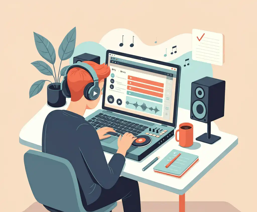 A person building a dj playlist for corporate events on a laptop with a generic music interface