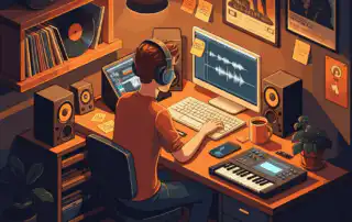 An Independent Music Curator working at a cozy home studio desk at night