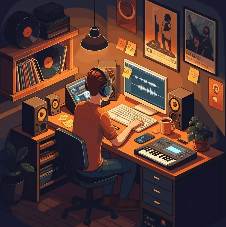 An Independent Music Curator working at a cozy home studio desk at night
