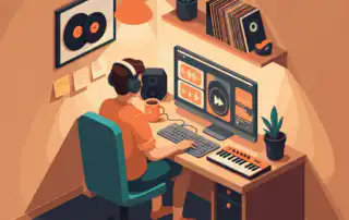 An online music curator wearing headphones, working at a desk in a cozy home music studio, viewing audio waveforms on a monitor
