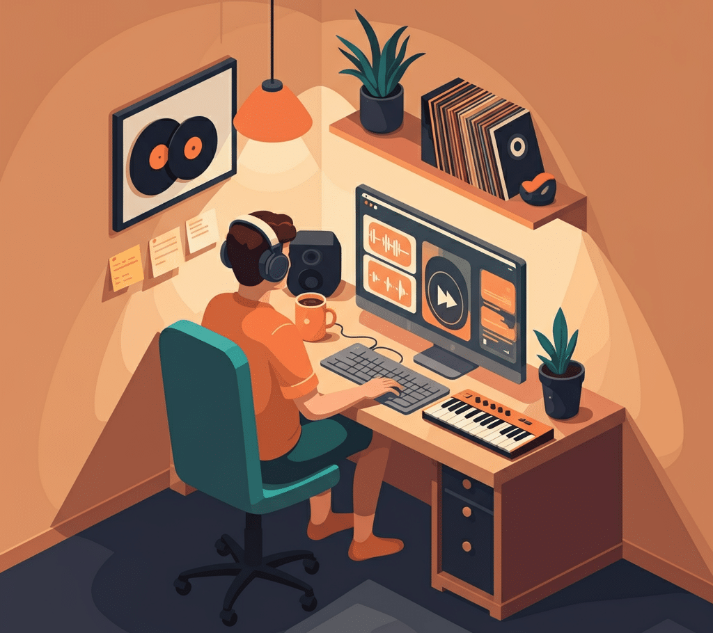 An online music curator wearing headphones, working at a desk in a cozy home music studio, viewing audio waveforms on a monitor