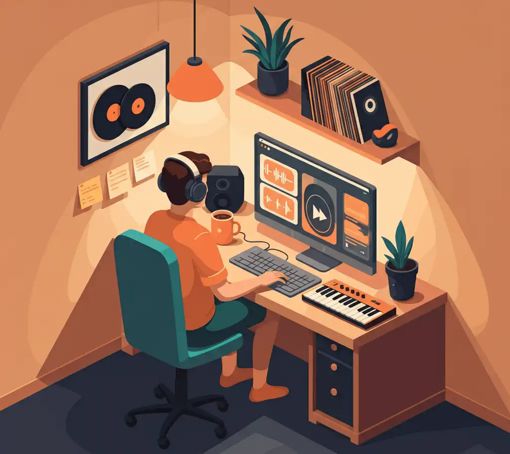 An online music curator wearing headphones, working at a desk in a cozy home music studio, viewing audio waveforms on a monitor