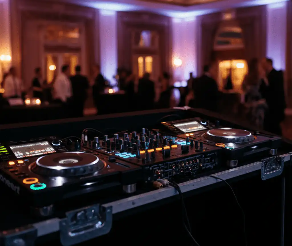 DJ booth with mixer playing corporate music