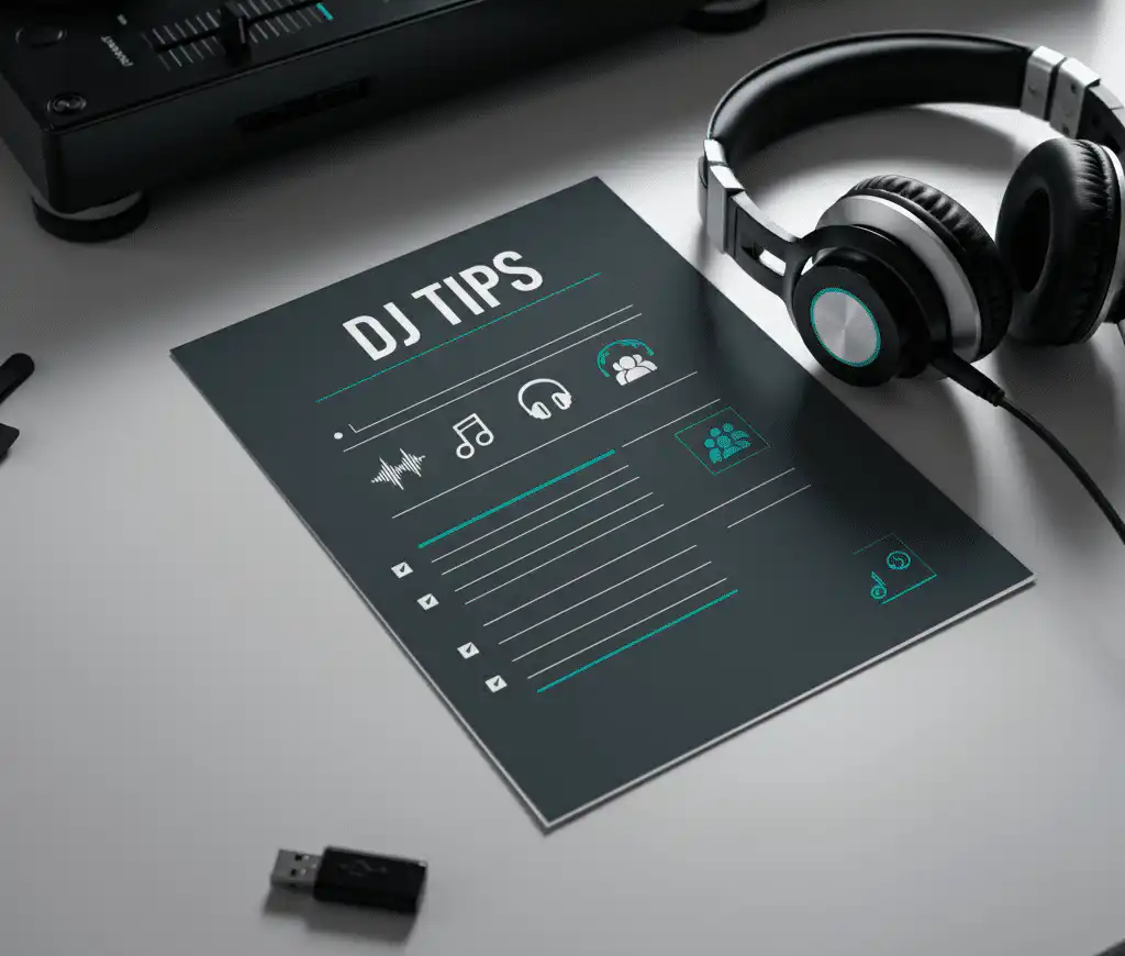 Top down photo of a “DJ TIPS” document on a light gray desk, surrounded by a black DJ mixer, over-ear headphones with teal accents, and a USB drive