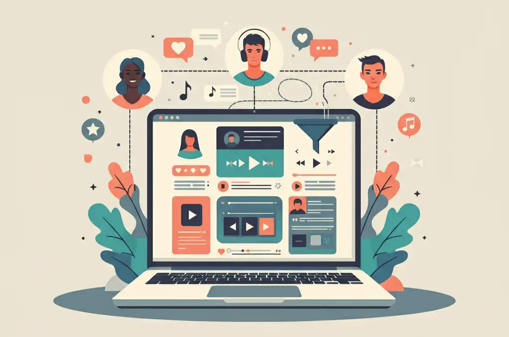 A 2D image of an open laptop showing a curated playlist service