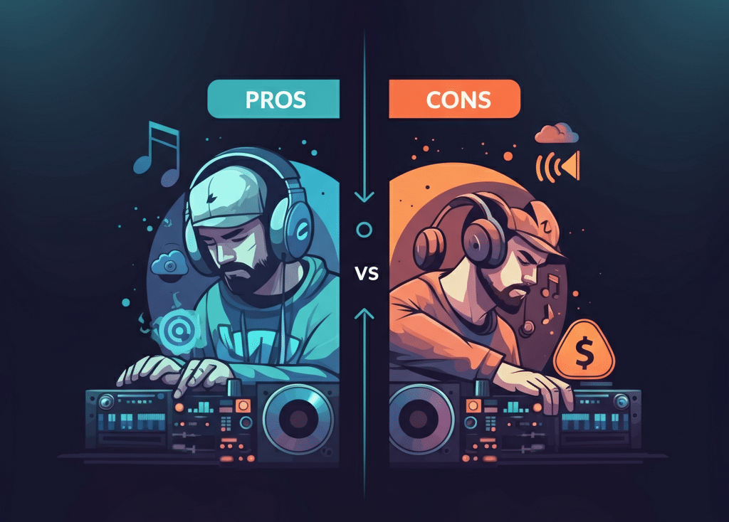 A 2D infographic comparing the pros and cons of streaming services for modern DJs