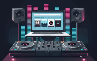 A DJ booth with a controller, twin speakers, and a laptop displaying curated music playlists