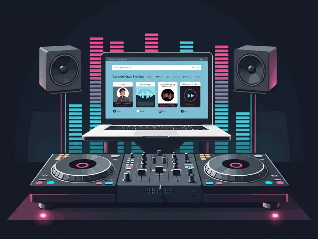 A DJ booth with a controller, twin speakers, and a laptop displaying curated music playlists