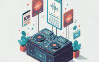 A DJ booth with dual decks and a mixer, showing different commercial music streaming services
