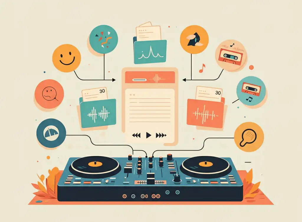 A DJ controller with connected icons for curated music playlists