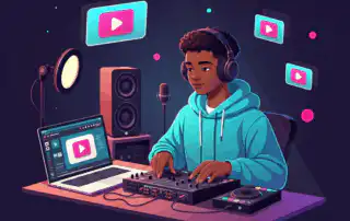 A DJ music video curator live streaming at a desktop setup with laptop, DJ controller, ring light, studio monitors, and on-screen video mixer interface