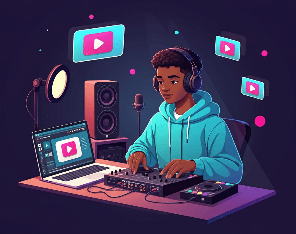 A DJ music video curator live streaming at a desktop setup with laptop, DJ controller, ring light, studio monitors, and on-screen video mixer interface