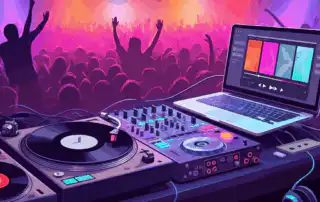 A DJ setup showcasing DJ selection songs with turntables, a mixer, and a laptop displaying music software.