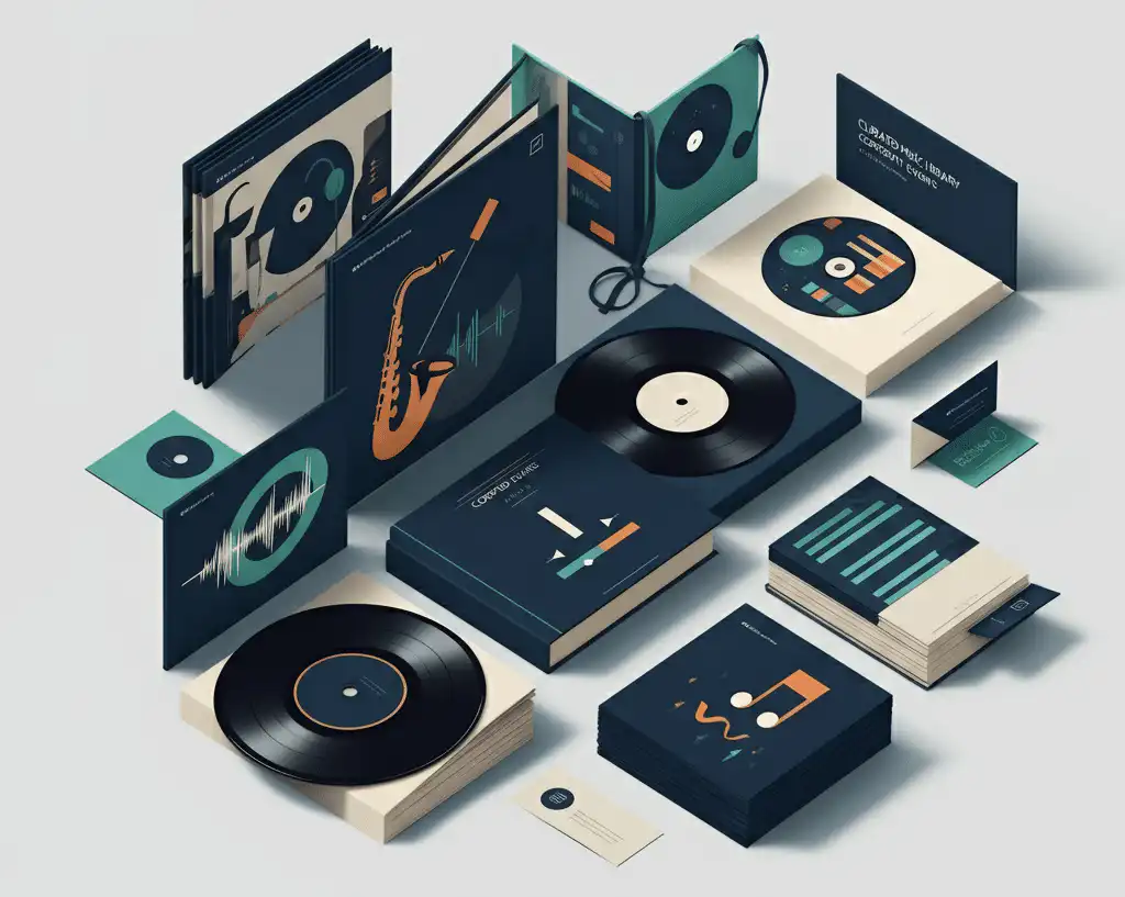 A curated music library for corporate events, showing vinyl sleeves and CDs in a grid with genre icons and color-coded tags