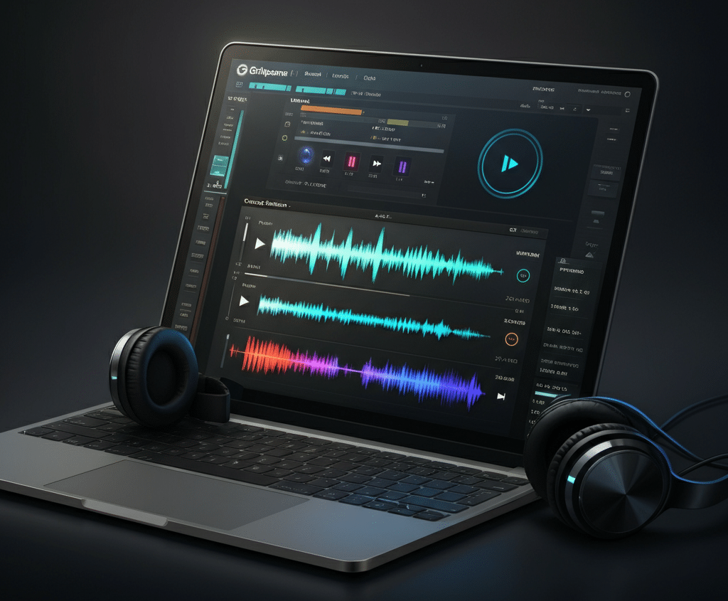 A laptop displaying DJ song selection software with colorful waveforms and professional controls, set on a dark surface with two pairs of headphones