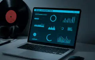A laptop displaying a digital dashboard with charts, graphs, and data visuals related to streaming music licensing fees