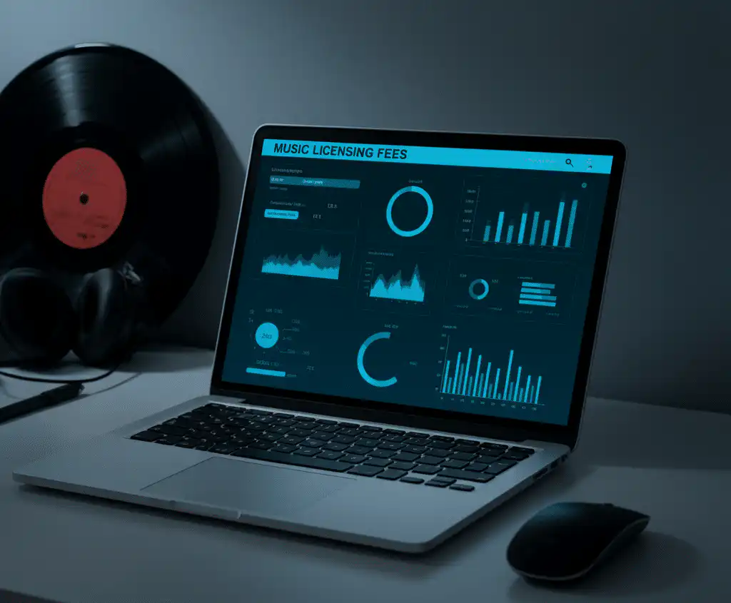 A laptop displaying a digital dashboard with charts, graphs, and data visuals related to streaming music licensing fees