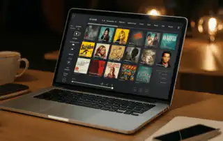 A laptop displaying an app used to create music playlists