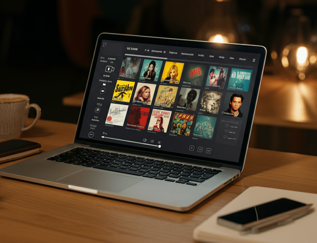 A laptop displaying an app used to create music playlists