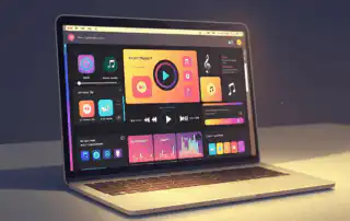 A laptop on a light-colored desk, displaying apps to make music playlists