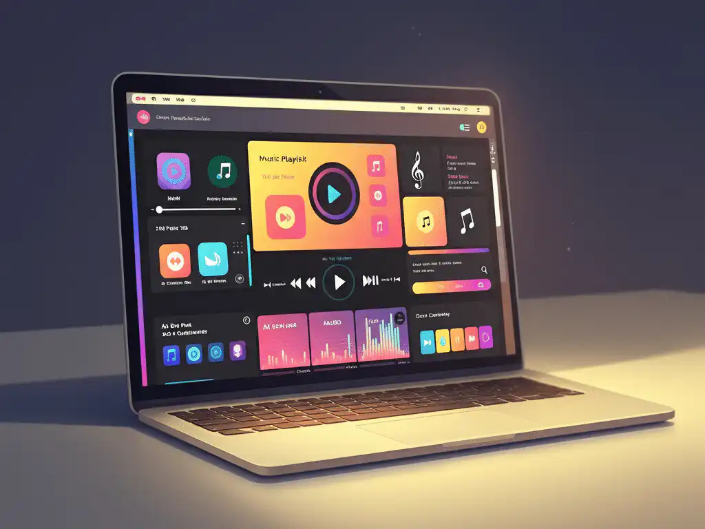 A laptop on a light-colored desk, displaying apps to make music playlists