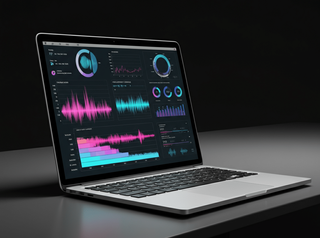 A laptop sits on a dark, reflective desk, displaying a music streaming industry