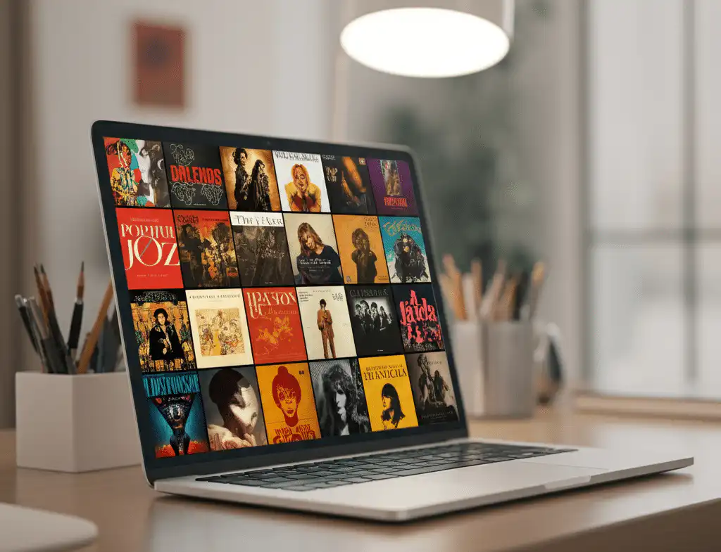 A silver laptop on a wooden desk displaying a vibrant grid of album covers, representing diverse music genres, ideal for DJs that customize playlists