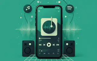 A smartphone displaying a music streaming interface with playlist controls and Spotify song selection