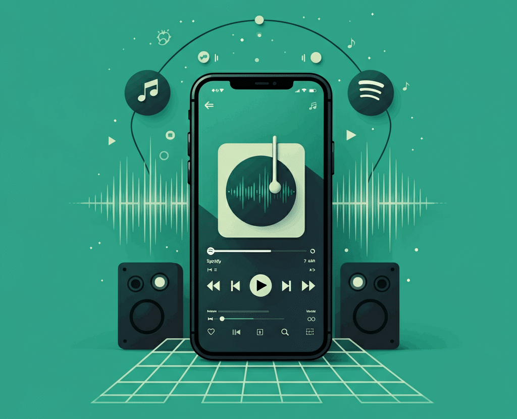 A smartphone displaying a music streaming interface with playlist controls and Spotify song selection