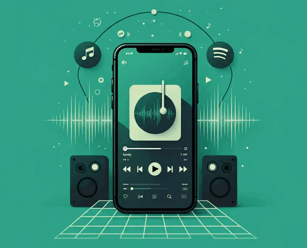 A smartphone displaying a music streaming interface with playlist controls and Spotify song selection