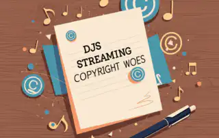 A top-down view of a light-colored sheet of paper placed on a wooden desk. The paper has the text DJs Streaming Copyright Woes