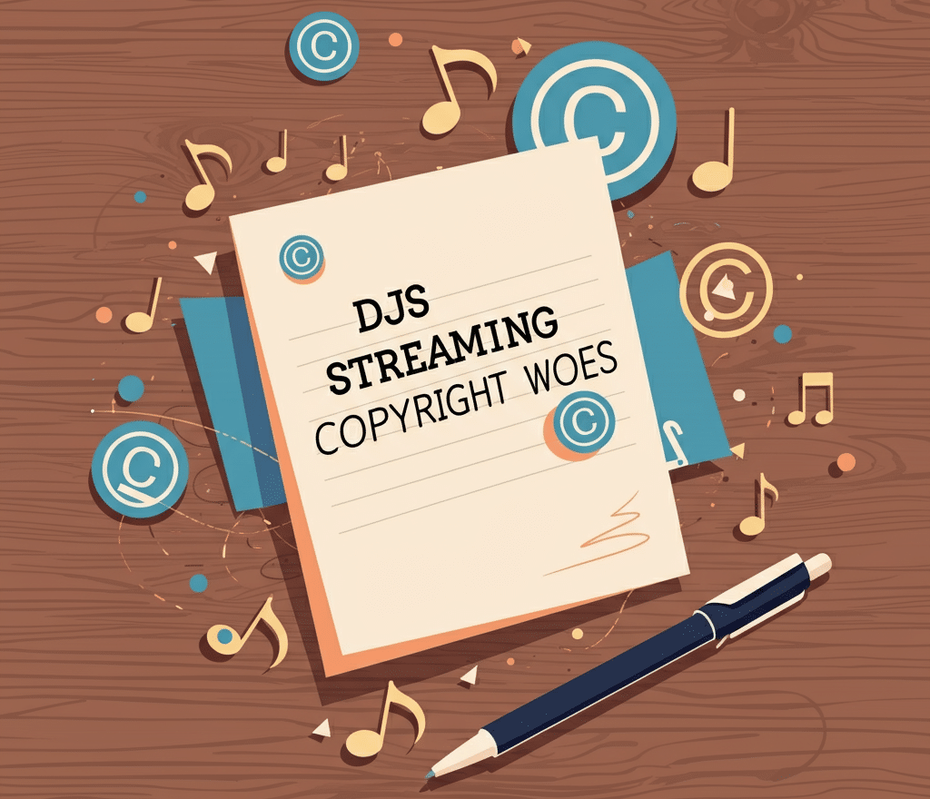 A top-down view of a light-colored sheet of paper placed on a wooden desk. The paper has the text DJs Streaming Copyright Woes
