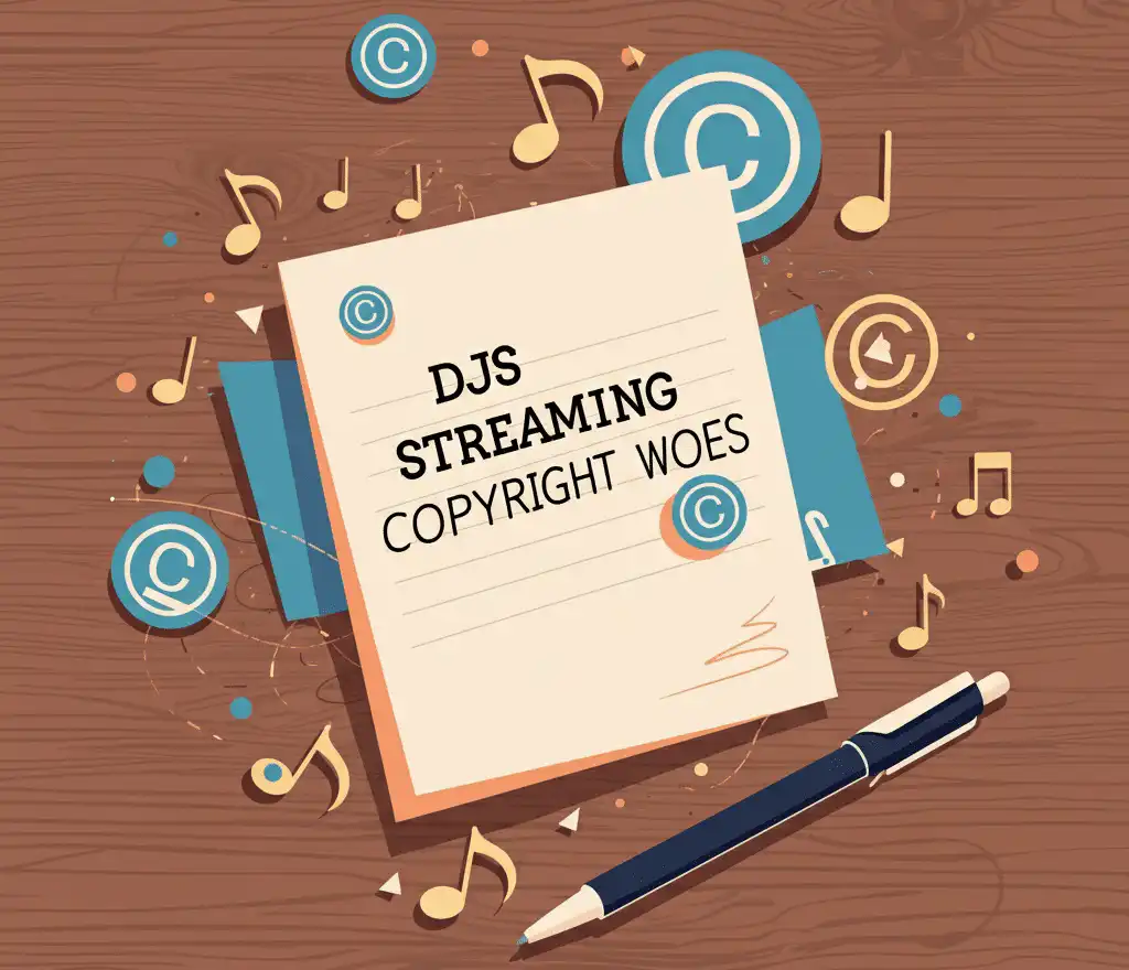 A top-down view of a light-colored sheet of paper placed on a wooden desk. The paper has the text DJs Streaming Copyright Woes