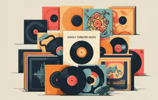 A vinyl records and colorful sleeves arranged in a tidy grid. A highly curated music