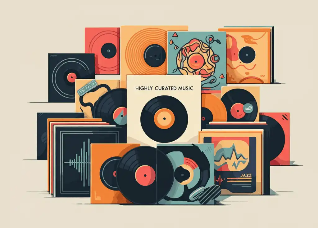 A vinyl records and colorful sleeves arranged in a tidy grid. A highly curated music