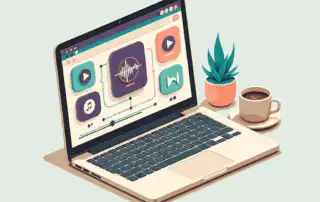 An open laptop on a minimalist desk, showing a text-free dashboard with apps to combine music streaming services