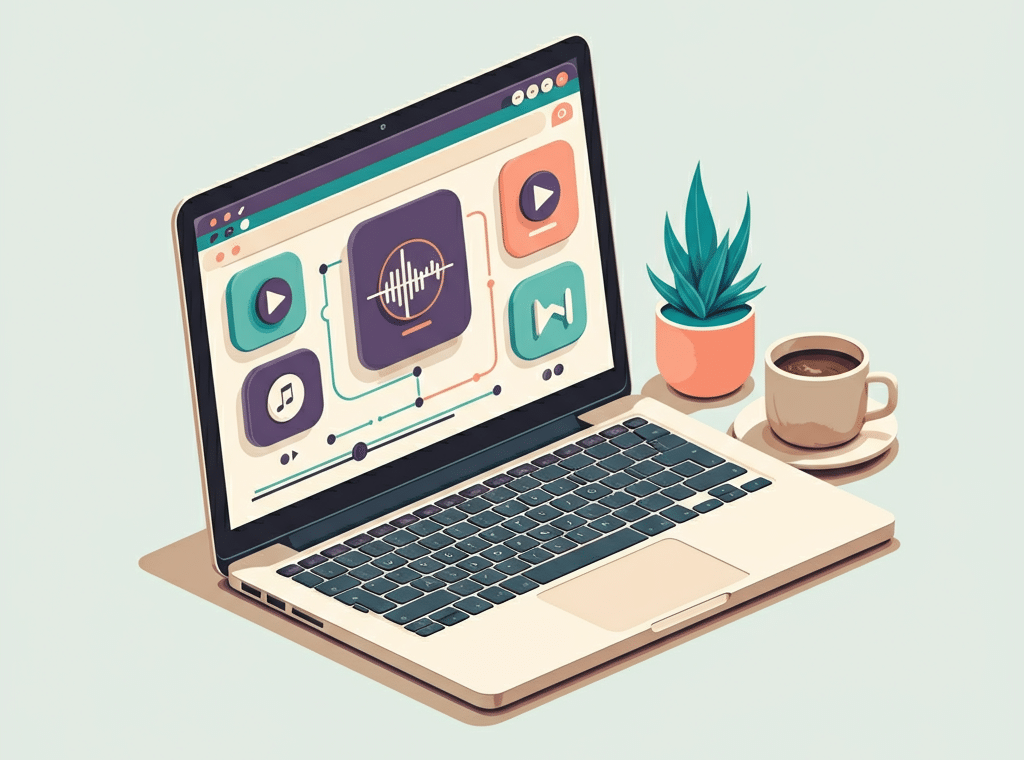 An open laptop on a minimalist desk, showing a text-free dashboard with apps to combine music streaming services