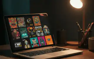 An open laptop on a wooden desk displays a grid of vibrant album covers with the words 'Playlist for DJs' prominently featured