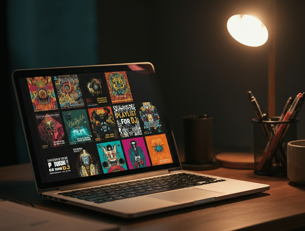 An open laptop on a wooden desk displays a grid of vibrant album covers with the words 'Playlist for DJs' prominently featured